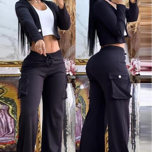 Hot Selling Two Piece Set Women Clothing Wide Leg Pants and Long Sleeve Short Top Outfits for Women Pants Set with Pocket Viral 2Piece 2Piece Outfit