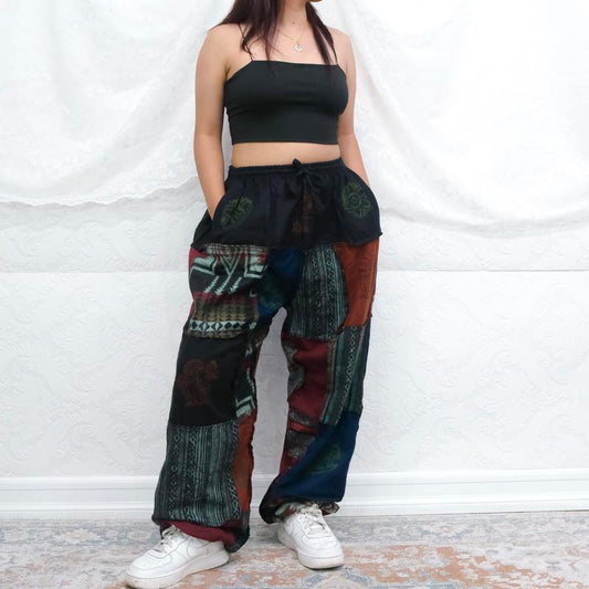 Patch Winter Joggers, Unisex Wool Blend Hippie Trousers, Block Print, Handmade Harem Yoga Pants, Plaid Baggy Pants, Boho, Mushroom Print, Unisex Stretchy Cargo Pants with Pockets,